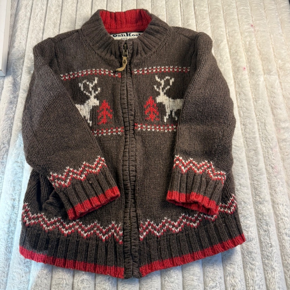 OshKosh Kids Brown Reindeer Fair Isle Full Zip Knit Sweater 4T